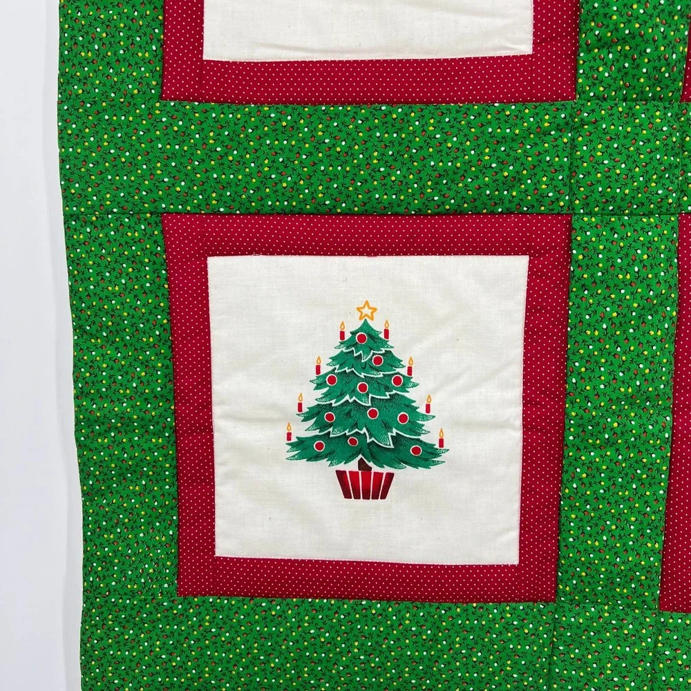 Vintage Handmade Square Quilt Christmas Sleigh Santa Reindeer‎ Poinsettia